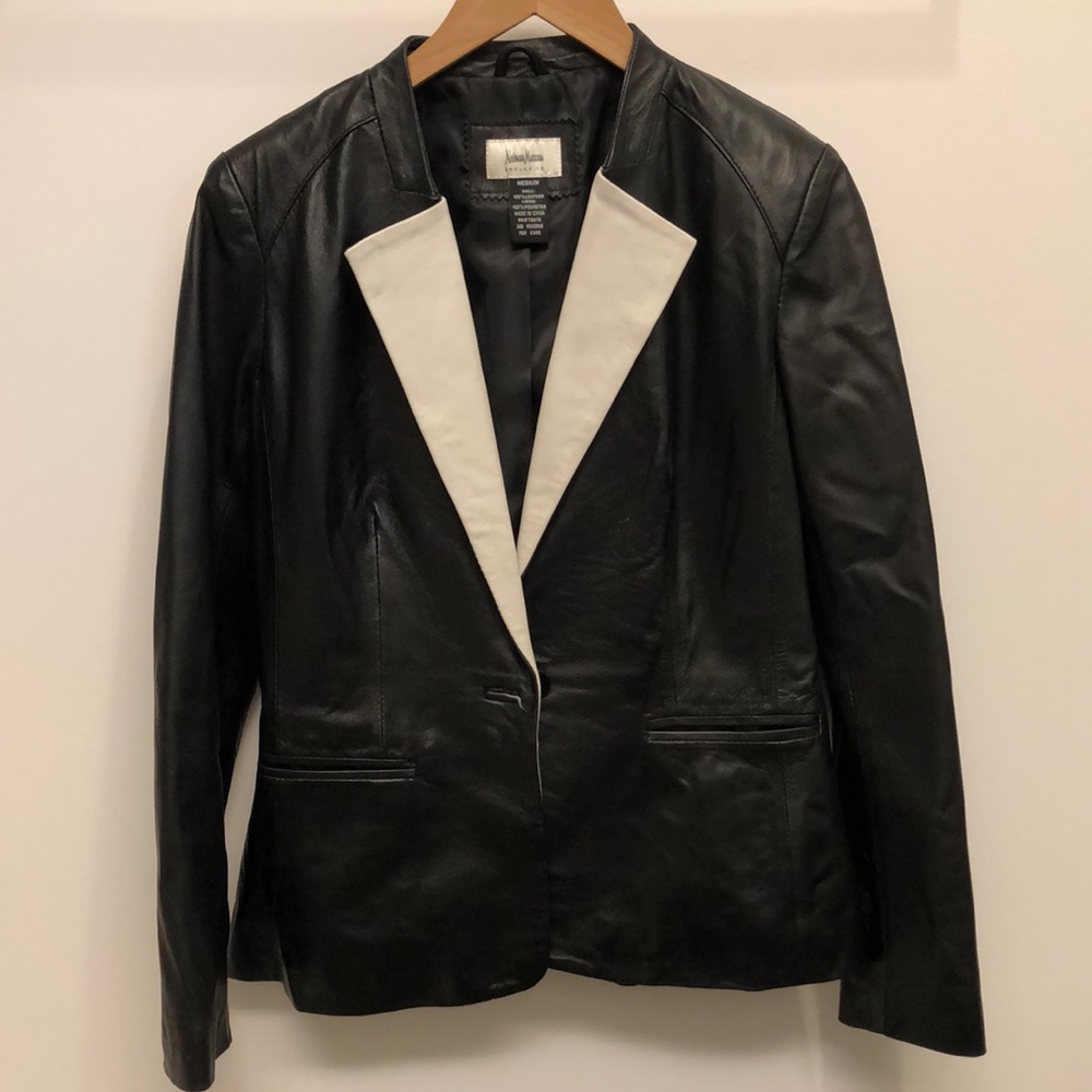 Vintage Black Leather Jacket/Blazer with White Lapel